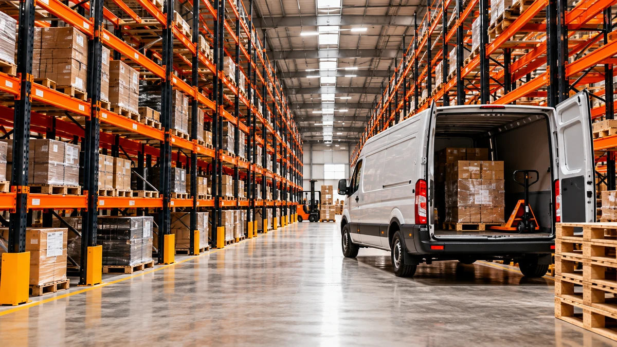 Warehouse clearance van among racking