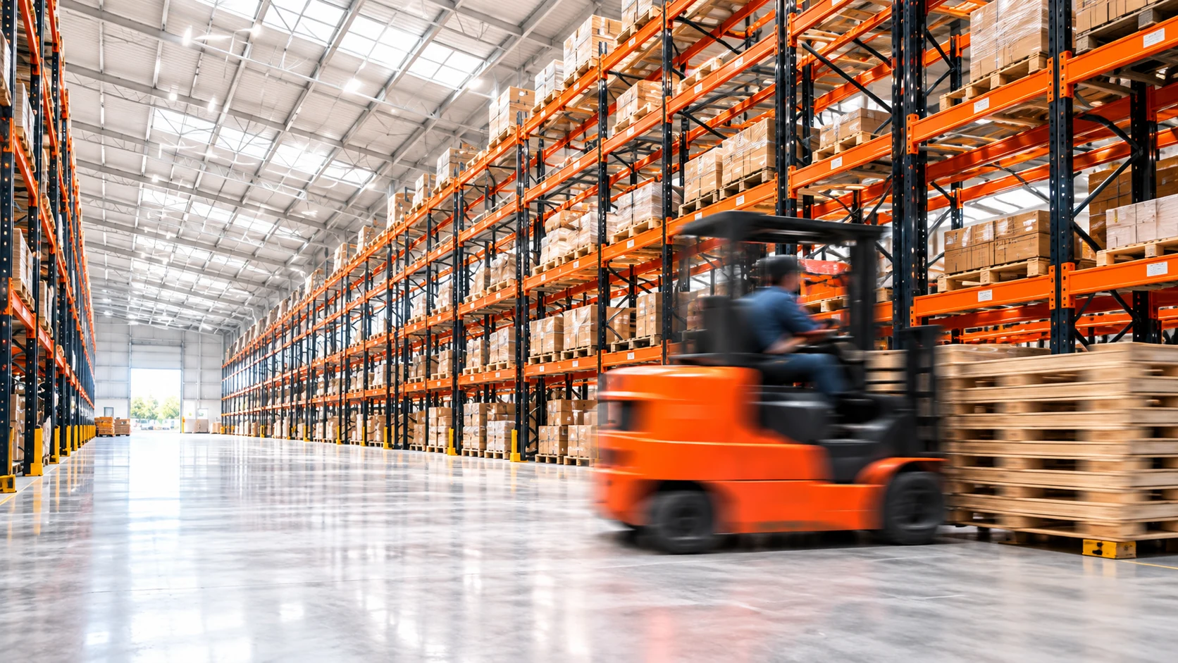 Orange forklift moving through a modern warehouse